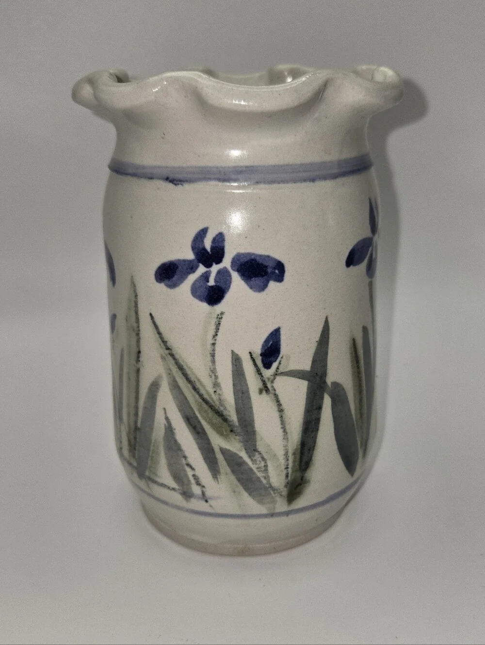 Vintage Kennedy Stoneware Pottery 1993 Blue Iris Utensil Holdr Or Vase